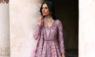 Roshni mauve lilac luxury Pakistani bridal dress with open-front gown and flared lehenga by Waqas Shah Official