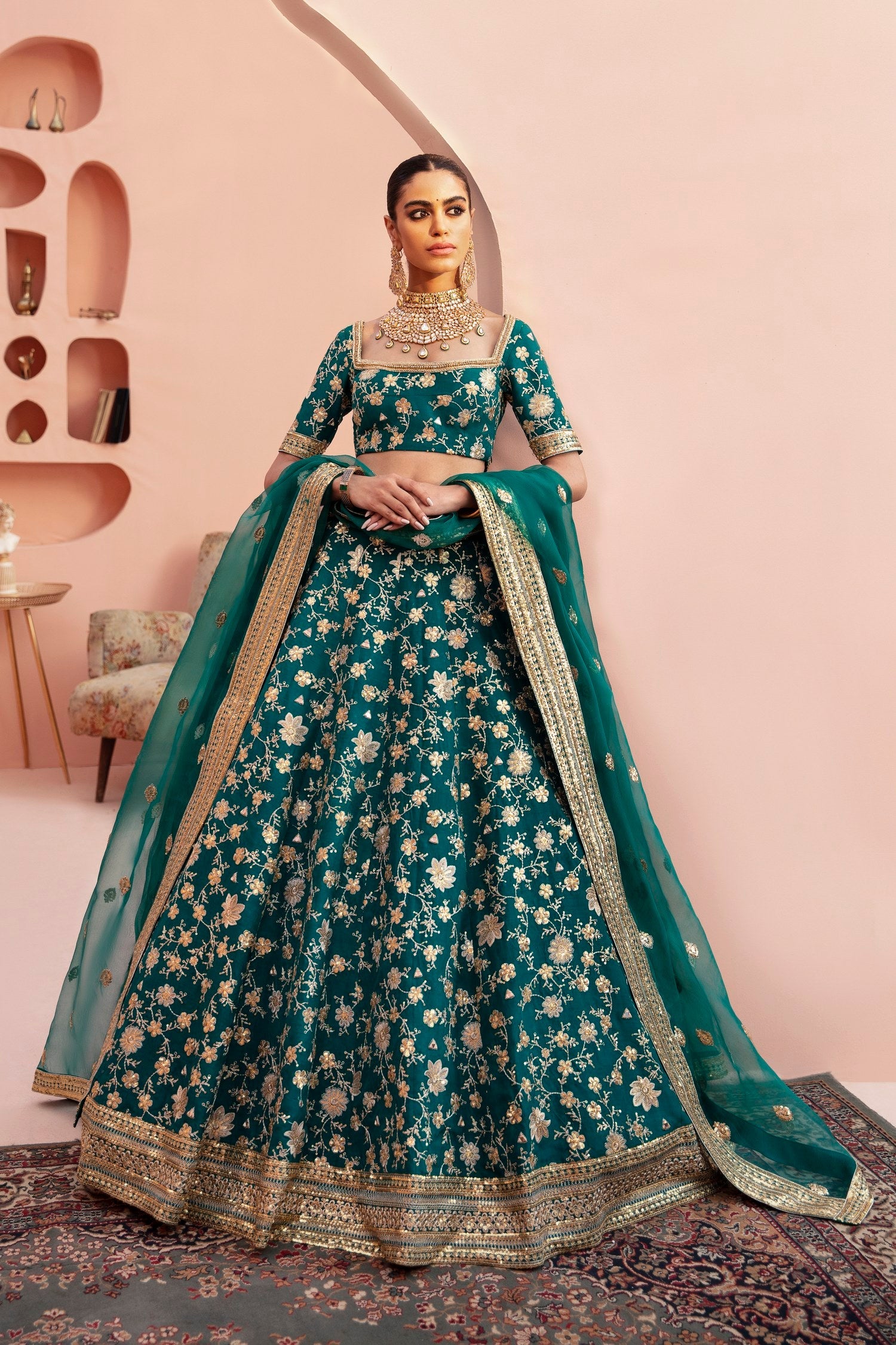 Shahrbanu emerald green Pakistani mehndi lehenga choli by Waqas Shah