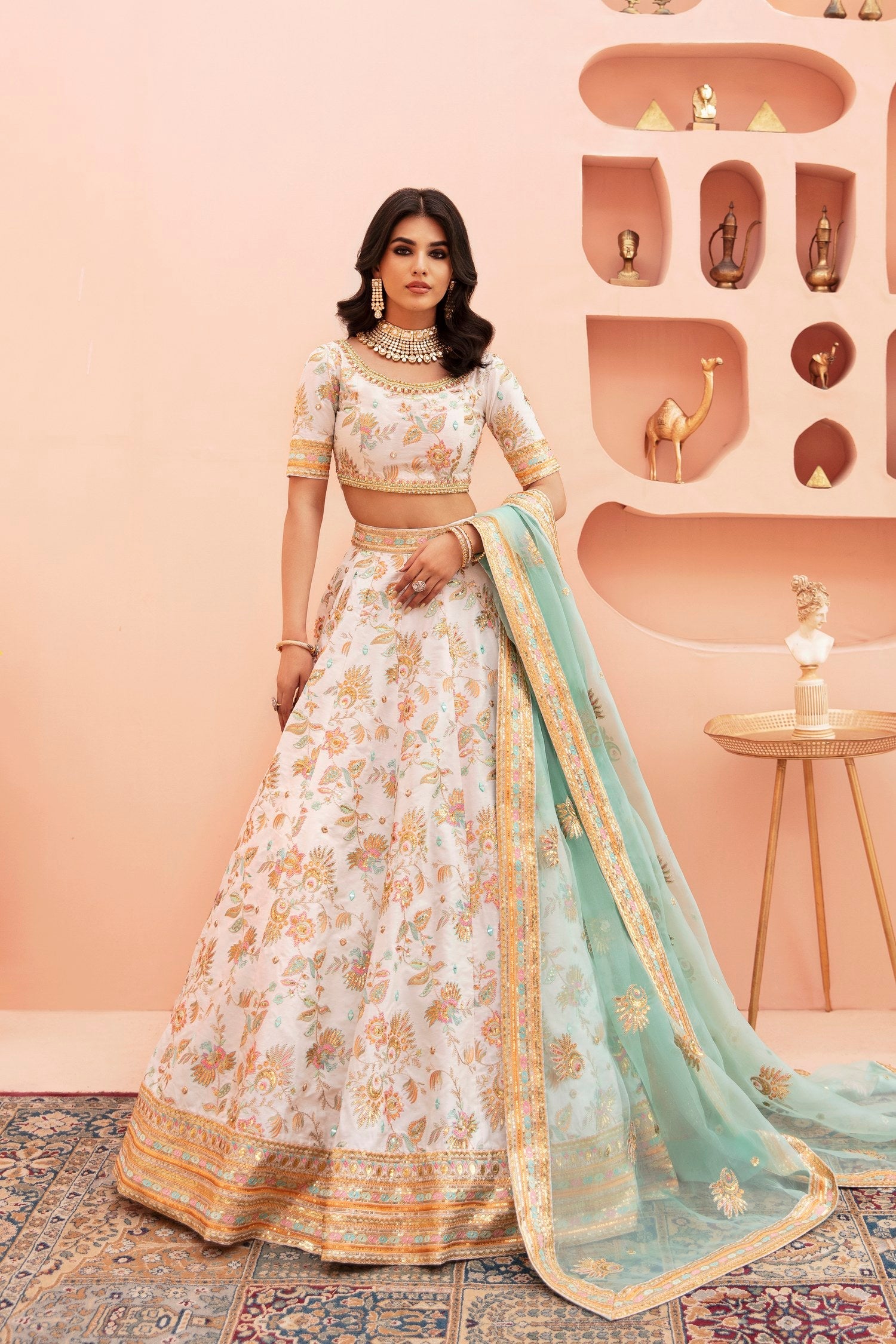 Shahtaaj white mirror work nikkah lehenga choli with mint organza dupatta by Waqas Shah