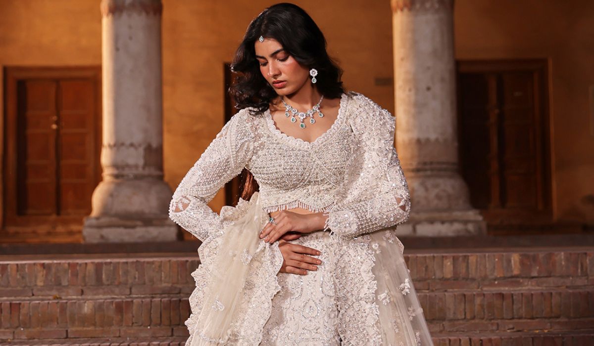 Sitara white beige Pakistani wedding dress with intricate hand embroidery by Waqas Shah Official