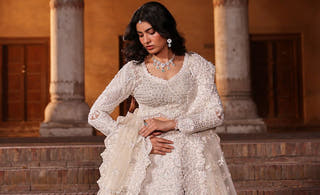 Sitara white beige Pakistani wedding dress with intricate hand embroidery by Waqas Shah Official