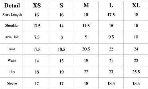 HOORIYA size chart