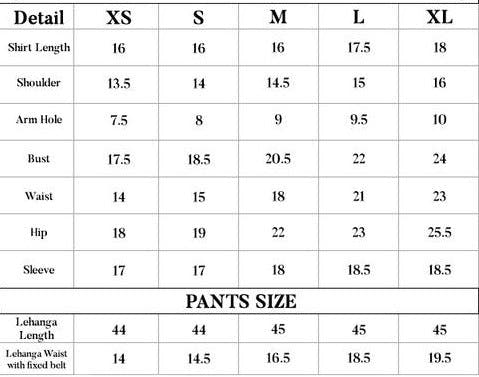 JASMINE size chart