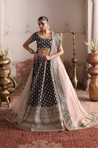 Geet navy blue raw silk lehenga choli, front view with champagne tissue dupatta under a white carved arch