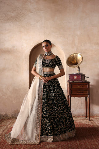Taseer dark green velvet lehenga choli with gold zari jaal and ivory tissue dupatta, standing by a haveli arch