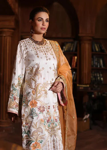 White Raw Silk shirt trouser with Resham threadwork and pearl embellishment by Waqas Shah
