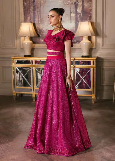 Hot Pink Net Choli with Zardozi work and sequin embroidery by Waqas Shah Official