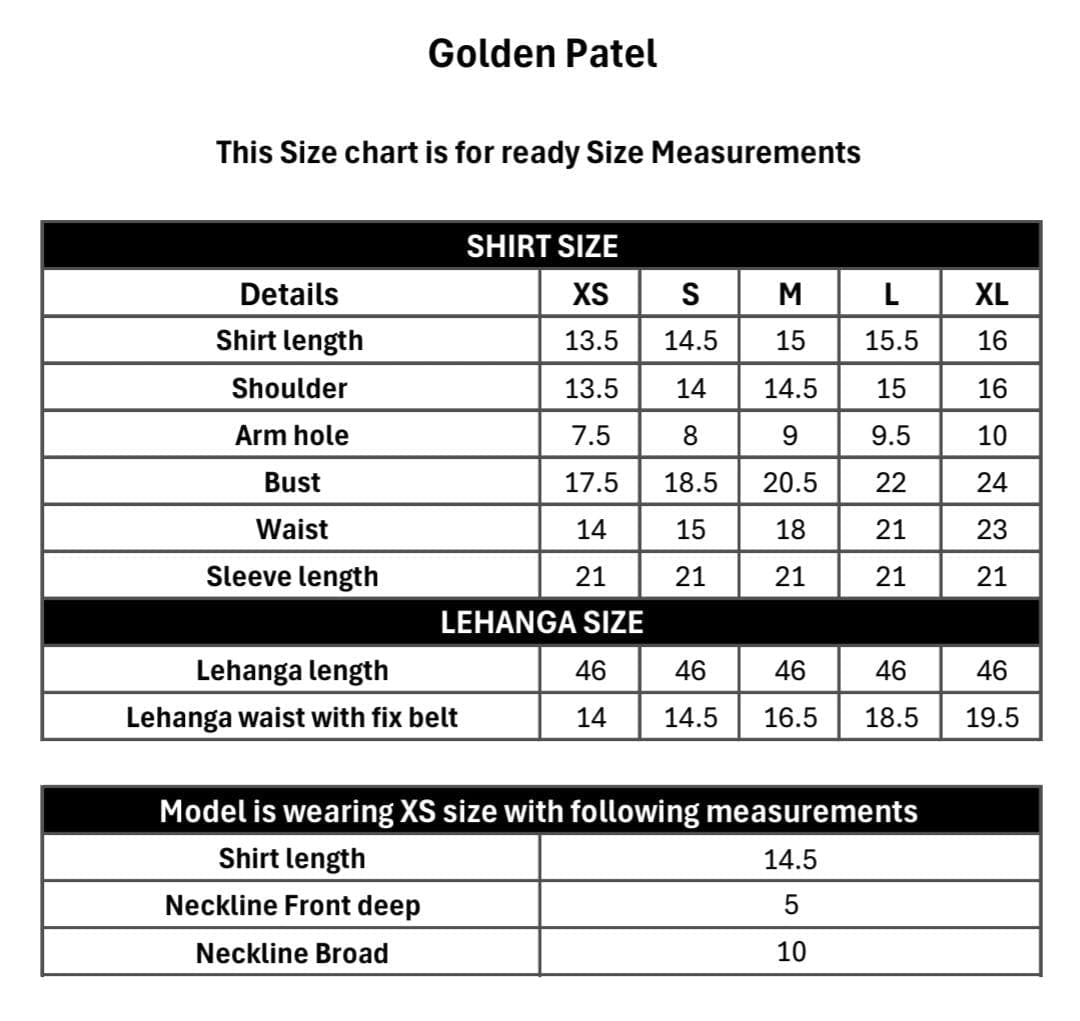 Golden Patel size chart