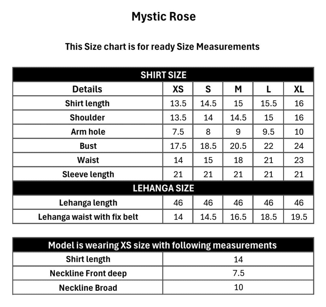 Mystic Rose size chart