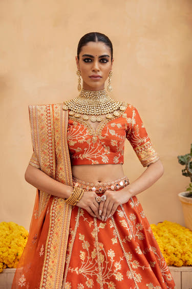 Close-up of the Aabroo choli with golden tilla, sequin, pearl and naqshi hand embroidery