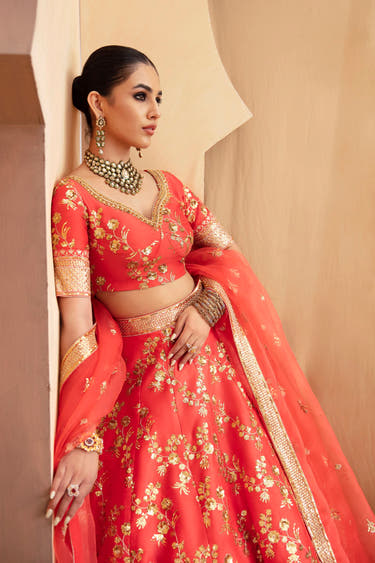 Aarohi orange mayon lehenga choli with tilla and sequin embroidery and embellished organza dupatta