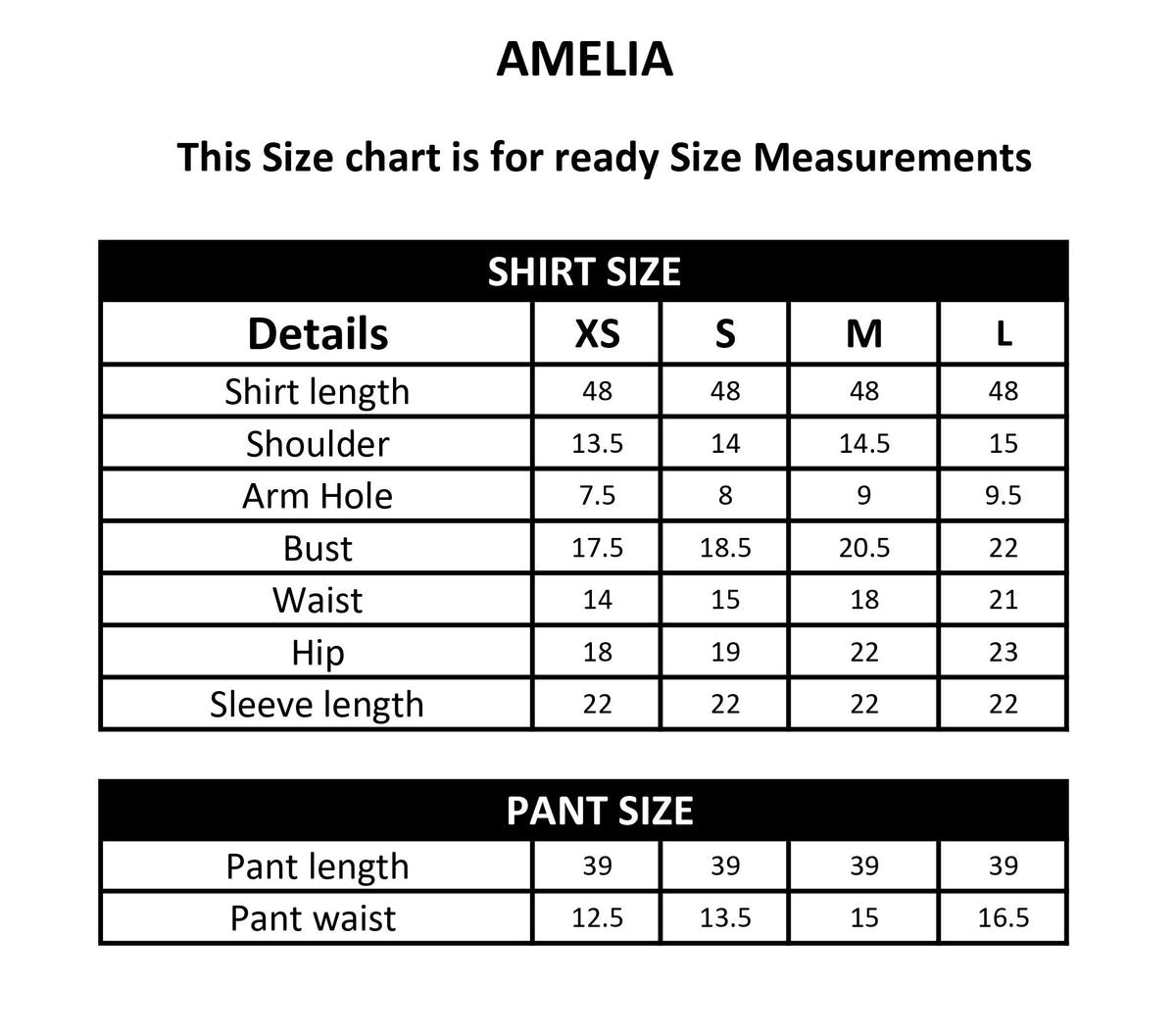 AMELIA size chart