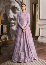 Aster lilac Pakistani bridal and formal lehenga with embellished net dupatta by Waqas Shah