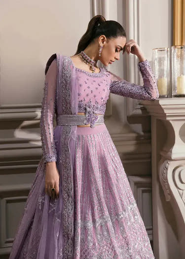 Aster lilac bridal lehenga with aqua and lavender sequin embroidery by Waqas Shah