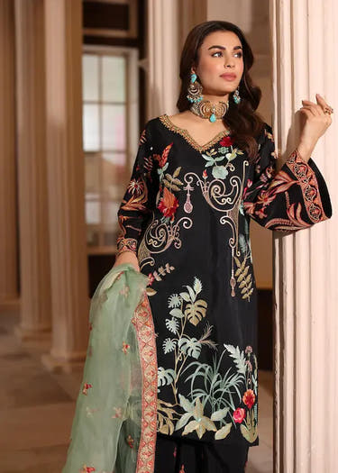 Black open front Raw Silk Luxury Pret shirt with floral embroidery by Waqas Shah Official