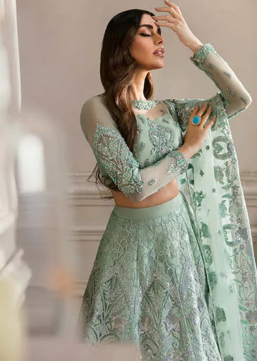 Blue Mist Seafoam Green Pakistani wedding lehenga with floral motifs by Waqas Shah Official