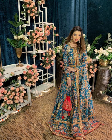 Blue open-front Pishwas with signature neckline and Raw Silk gown by Waqas Shah Official