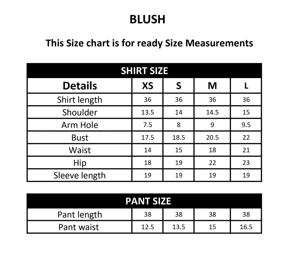BLUSH size chart