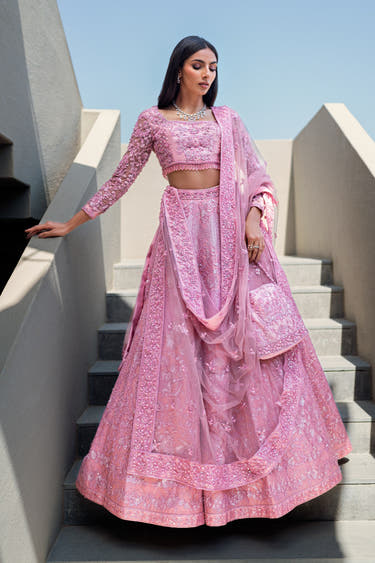 Full-length Crystal Blush blush pink sequin bridal lehenga choli with net dupatta, Pakistani couture