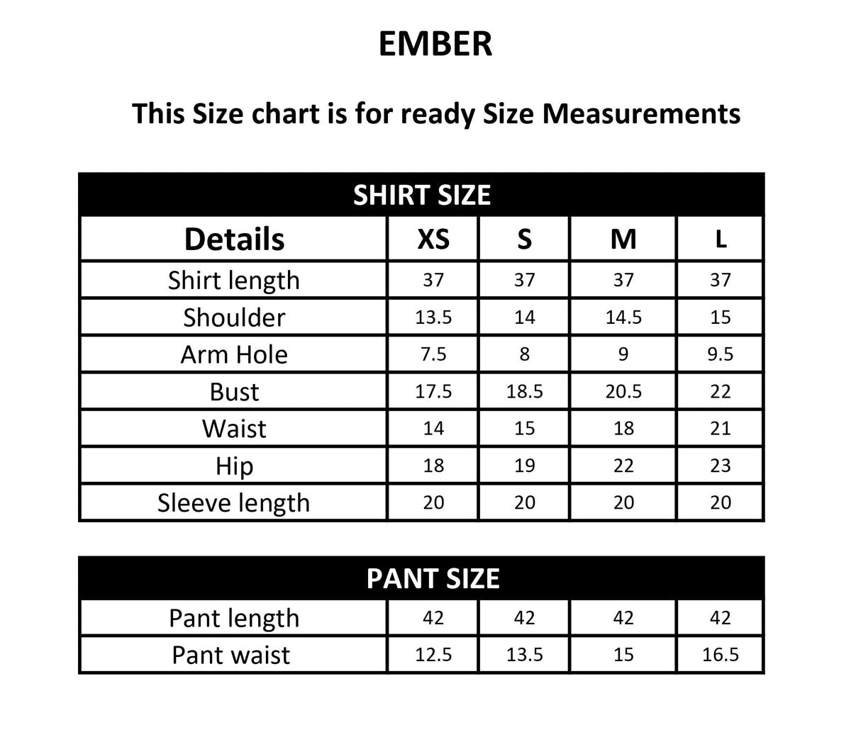 EMBER size chart