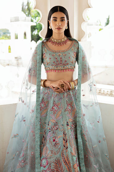 Firoza Bano ice blue Pakistani mehndi lehenga with resham floral embroidery – Waqas Shah Official