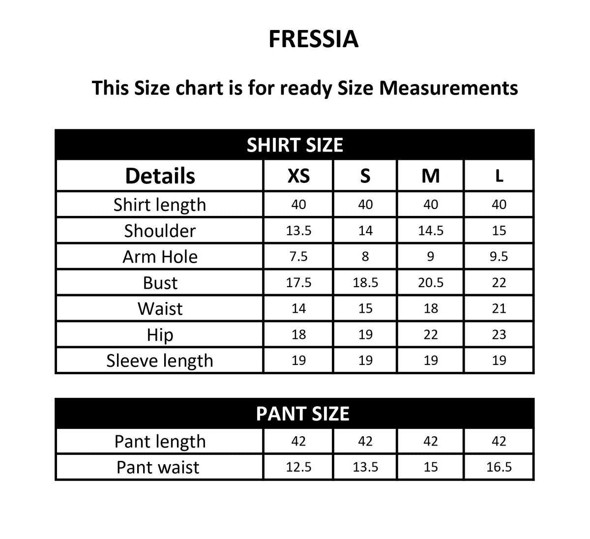 FREESIA size chart