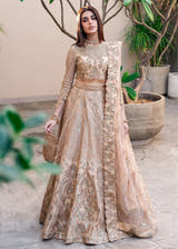 Golden bridal lehenga choli for Nikkah and Walima by Waqas Shah Lahore Pakistani designer bridal dress