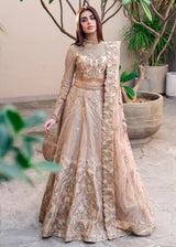 Golden bridal lehenga choli for Nikkah and Walima by Waqas Shah Lahore Pakistani designer bridal dress