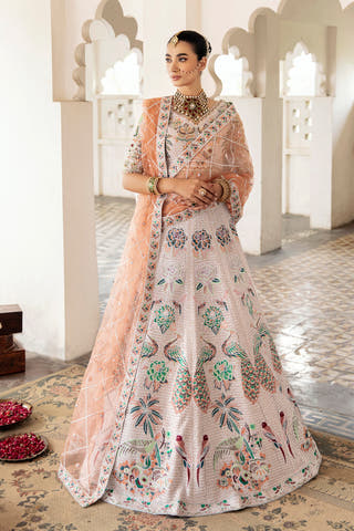 Gul Bano white Pakistani nikkah lehenga choli with peach dupatta – Waqas Shah Official