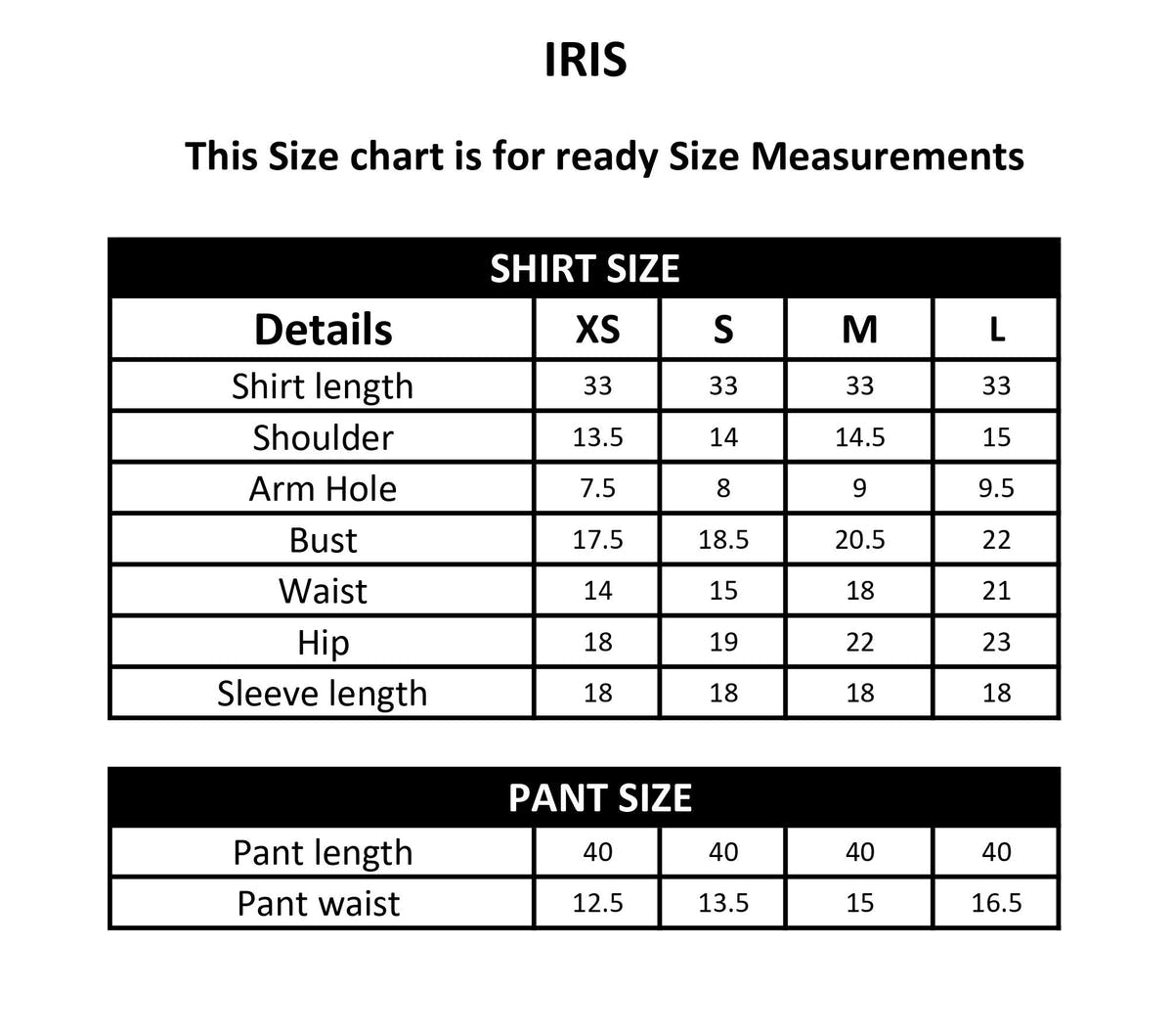 IRIS size chart
