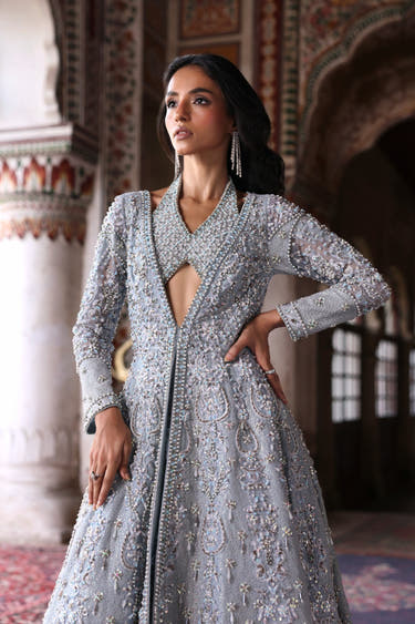 Jhoomar misty blue open front bridal maxi with halter neckline and pearl beadwork by Waqas Shah Official