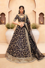 Lakshmi black Pakistani mehndi lehenga choli in Korean raw silk, full front view with organza dupatta