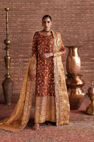 Mahjabeen Rust Brown designer Mehndi dress by Waqas Shah Official featuring luxury floral embroidery, hand embellishments, and an embroidered organza dupatta for Pakistani wedding celebrations