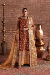 Mahjabeen Rust Brown designer Mehndi dress by Waqas Shah Official featuring luxury floral embroidery, hand embellishments, and an embroidered organza dupatta for Pakistani wedding celebrations