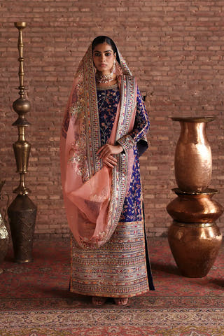 Sohni Royal Blue Embroidered Formal Dress by Waqas Shah Official featuring floral embroidery, peach organza dupatta, and timeless Pakistani designer craftsmanship