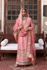 Chandni luxury blush pink Pakistani designer dress by Waqas Shah Official featuring a timeless straight-cut silhouette with intricate floral embroidery.
