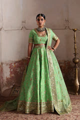 Zeba luxury Pistachio Green Pakistani bridal lehenga by Waqas Shah Official featuring premium Raw Silk with intricate Thread and Tilla embroidery.