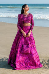 Lyric magenta pink Pakistani formal lehenga choli, full front view with long-sleeve sequin choli and flared embellished lehenga