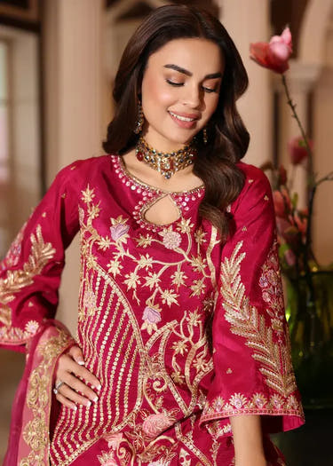 Magenta Raw Silk Luxury Pret shirt with heavy floral embroidery by Waqas Shah Official