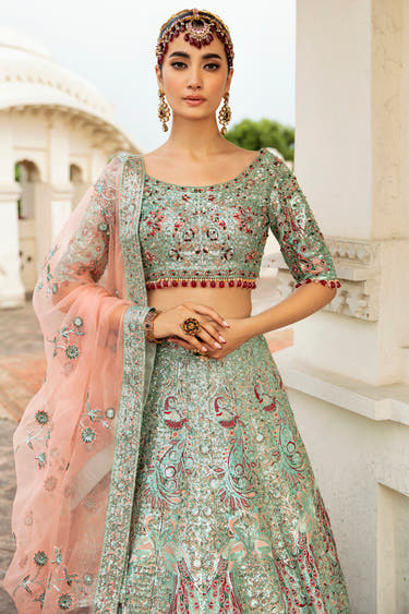 Mah Bano aqua green nikkah lehenga with light peach organza dupatta – Waqas Shah Official