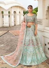 Mah Bano aqua green Pakistani Mehndi lehenga choli by Waqas Shah Official