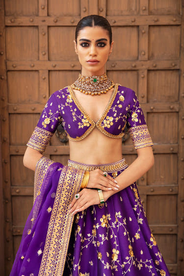 Mahrang purple raw silk choli with pearl, dabka and crystal embellished neckline