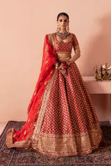 Mastani red Pakistani mehndi lehenga choli in Korean raw silk, full front view with organza dupatta