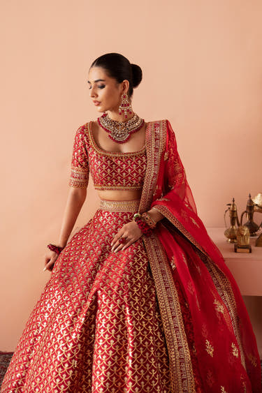 Mastani red raw silk lehenga choli with tilla and sequin embroidery and embellished organza dupatta