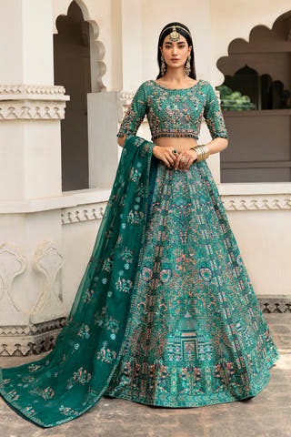 Mehar Bano bottle green Pakistani mehndi lehenga choli – Waqas Shah Official