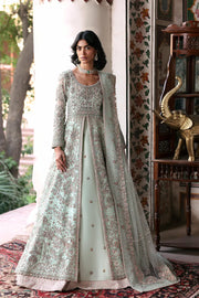 Mint Green Bridal Maxi Gown by Waqas Shah featuring luxury hand zardozi, crystal embellishments and couture bridal embroidery