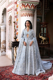 Misty Blue Bridal Maxi Gown by Waqas Shah featuring luxury hand zardozi, dabka, crystal embellishments and couture bridal embroidery