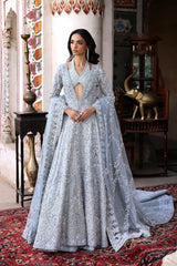 Misty Blue Bridal Maxi Gown by Waqas Shah featuring luxury hand zardozi, dabka, crystal embellishments and couture bridal embroidery