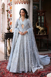 Misty Blue Bridal Maxi Gown by Waqas Shah featuring luxury hand zardozi, dabka, crystal embellishments and couture bridal embroidery