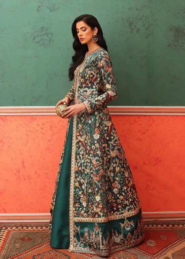 Mumtaz Mahal Deep Green designer gown and lehenga with heavy ghair border by Waqas Shah Official